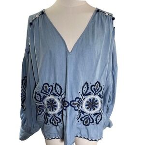 Boho Embroidered Peasant Top Blue Pom Pom ZARA Lyocell Women M